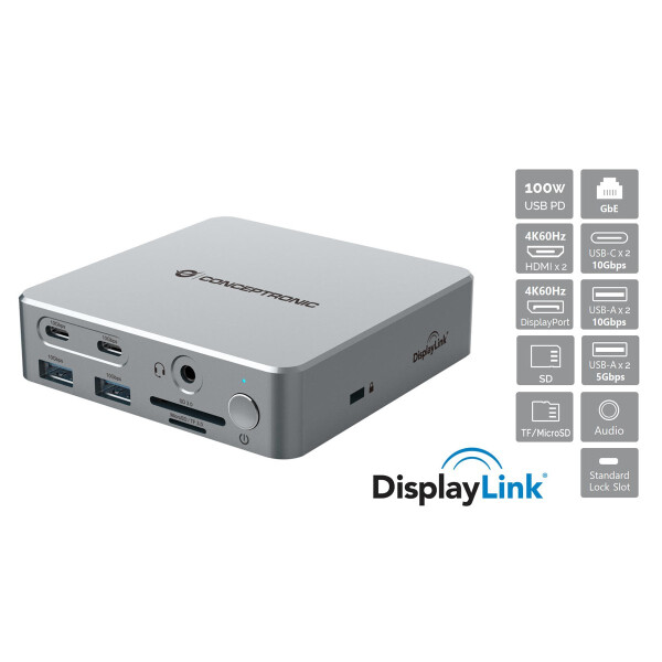Conceptronic DONN25G 15-in-1 DisplayLink USB 3.2 Gen 2 Dockingstation, 4K60Hz Triple-Display, HDMI x 2, DisplayPort, USB-C 10 Gbit/s x 2, USB-A 10 Gbit/s x 2, USB-A 5 Gbit/s x 2, SD, TF/MicroSD, GbE, Audio, DC-Eingang, Sicherheitssteckplatz, PD 3,0, Kabel