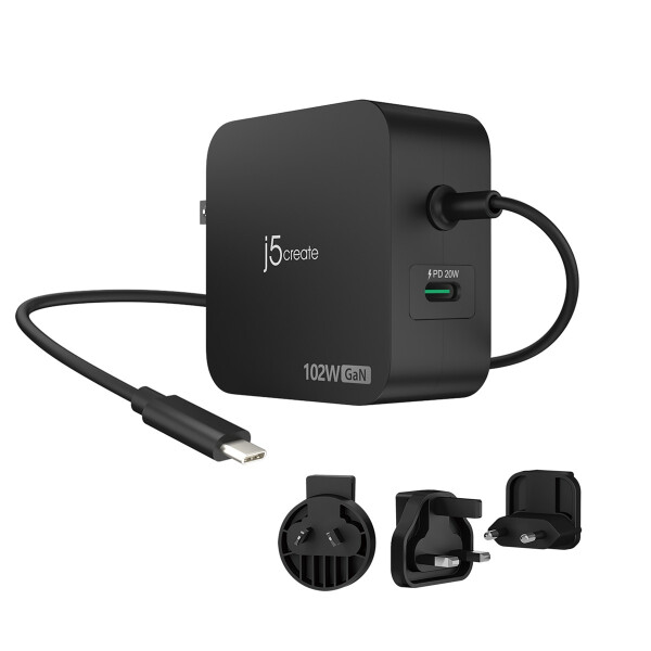 j5create 102-Watt-GaN-PD-USB-C-Reiseladegerät mit 2 Anschlüssen, einschließlich austauschbaren Netzsteckern, Drinnen, AC, USB, 1,8 m, Schwarz