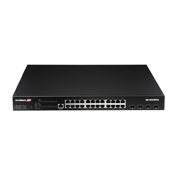 Edimax 24-Port Gigabit PoE+ Web Smart Switch mit 4-Port 10GbE SFP+-Uplinks für Überwachungszwecke, Managed, L2, Gigabit Ethernet (10/100/1000), Power over Ethernet (PoE), Rack-Einbau, 1U