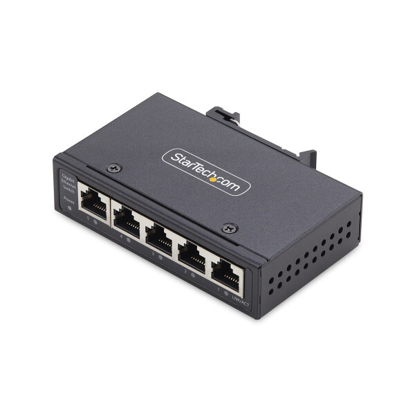 StarTech.com 5-Port Mini Netzwerk Switch für Hutschiene/Wandmontage, Unmanaged Industrie Gigabit LAN Switch, Robuster IP30 100Mb/1Gb Switch, -40-75° C, 9-60 VDC, TAA Konform, Unmanaged, Gigabit Ethernet (10/100/1000), Vollduplex, Wandmontage
