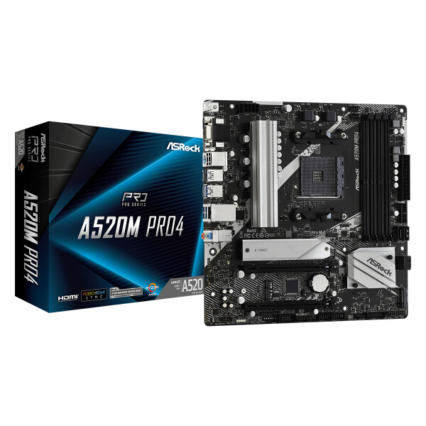 ASRock A520M Pro4, AMD, Sockel AM4, AMD Ryzen 3000 Series, DDR4-SDRAM, 64 GB, DIMM