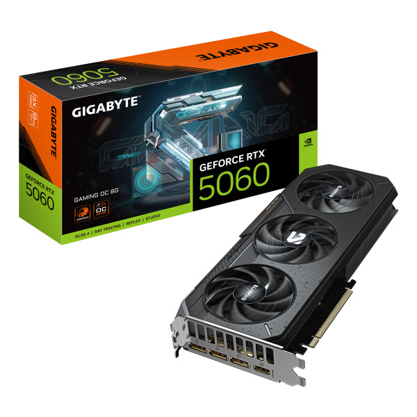 Gigabyte GeForce RTX 5060 GAMING OC 8G Grafikkarte - 8GB GDDR7, 128bit, PCI-E 5.0, 2595 MHz Kerntakt, 3 x DisplayPort, 1 x HDMI, GV-N5060GAMING OC-8GD, GeForce RTX 5060, 8 GB, GDDR7, 128 Bit, 7680 x 4320 Pixel, PCI Express 5.0