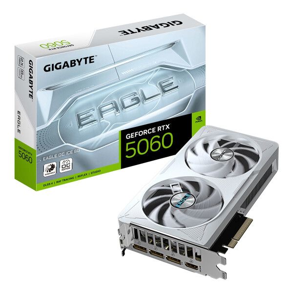Gigabyte GeForce RTX 5060 EAGLE OC ICE 8G Grafikkarte - 8GB GDDR7, 128bit, PCI-E 5.0, 2550 MHz Kerntakt, 3 x DisplayPort, 1 x HDMI, GV-N5060EAGLEOC ICE-8GD, GeForce RTX 5060, 8 GB, GDDR7, 128 Bit, 7680 x 4320 Pixel, PCI Express 5.0