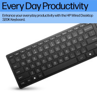 HP 320K-Tastatur für Desktop-PC, kabelgebunden, Volle Größe (100%), Kabelgebunden, USB, Membran Key Switch, Schwarz