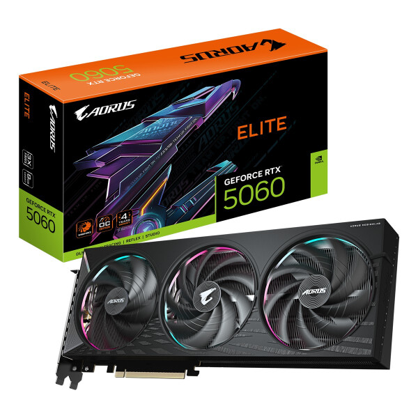 Gigabyte AORUS GeForce RTX 5060 ELITE 8G Grafikkarte - 8GB GDDR7, 128bit, PCI-E 5.0, 2722 MHz Kerntakt, 3 x DisplayPort, 1 x HDMI, GV-N5060AORUS E-8GD, GeForce RTX 5060, 8 GB, GDDR7, 128 Bit, 7680 x 4320 Pixel, PCI Express 5.0