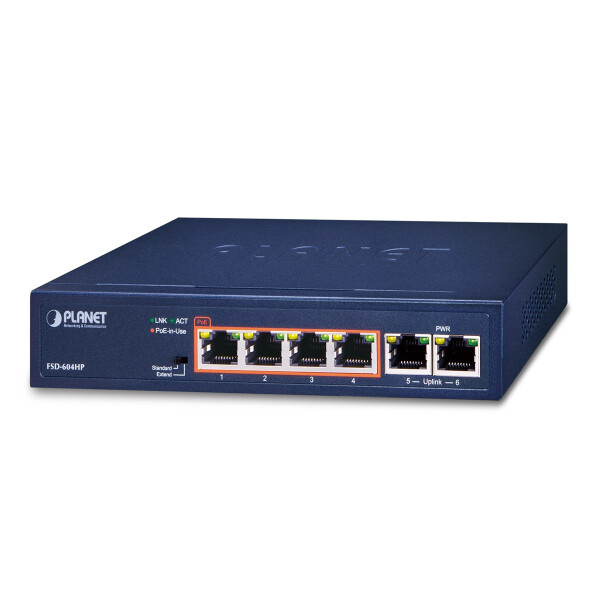 Planet FSD-604HP, Unmanaged, Fast Ethernet (10/100), Vollduplex, Power over Ethernet (PoE)