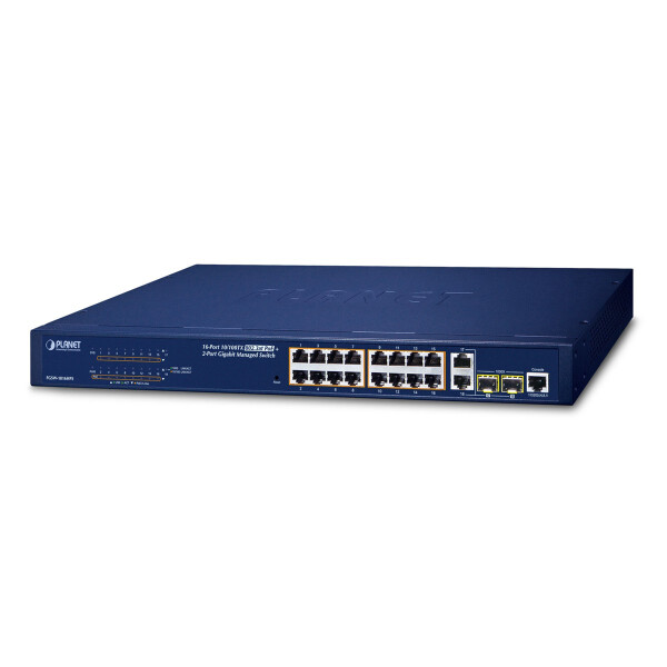 Planet Combo Managed Web Smart Ethernet Switch 16-Port 10/100TX 802.3at High Power PoE 2-Port Gigabit TP/SFP, 220W, Managed, L2, Fast Ethernet (10/100), Power over Ethernet (PoE), Rack-Einbau