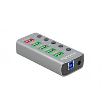 Delock USB 5 Gbps Hub mit 4 Ports + 1 Schnellladeport + 1 USB-C PD 3.0 Port mit Schalter und Beleuchtung - USB 3.2 Gen 1 (3.1 Gen 1) Type-B - USB 3.2 Gen 1 (3.1 Gen 1) Type-A - 5000 Mbit/s - Grau - Aluminium - 46 mm