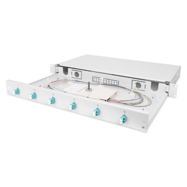DIGITUS DN-96330/3 - LWL Spleißbox, 1HE, bestückt, 6x LC DX, OM3 inkl. Spleißkass., gefärbte Pigtails, Kupplungen