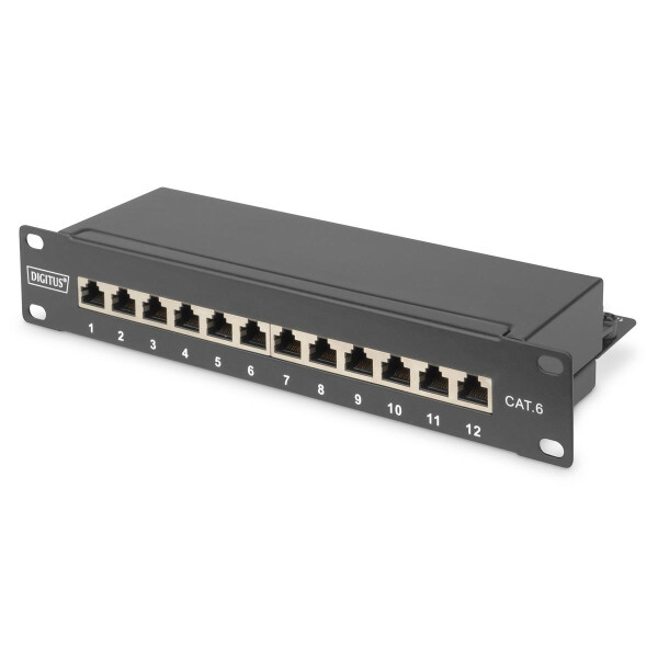 DIGITUS DN-91612S - CAT 6, Klasse E Patch Panel, geschi., 12-Port RJ45 8P8C, LSA, 1HE, 254mm(10")Rack Mount, sw RAL 9005