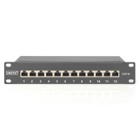 DIGITUS DN-91612S - CAT 6, Klasse E Patch Panel, geschi., 12-Port RJ45 8P8C, LSA, 1HE, 254mm(10")Rack Mount, sw RAL 9005