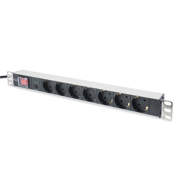 DIGITUS DN-95403 - 1HE Aluminium PDU, Rack Mount, 7x Schutzkontakt 16A, 4000W, 250VAC 50/60Hz, Überlastschutz
