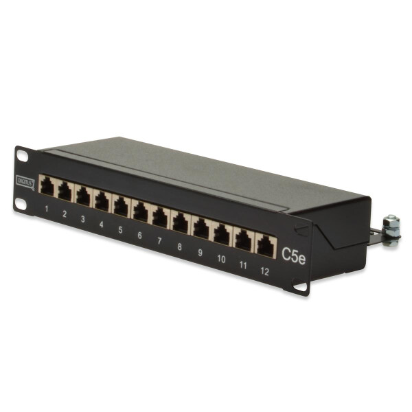 DIGITUS DN-91512S - CAT 5e,Klasse D Patch Panel,geschirmt,12-Port RJ45 8P8C, LSA,1HE,254mm(10")Rack Mount, sw RAL 9005